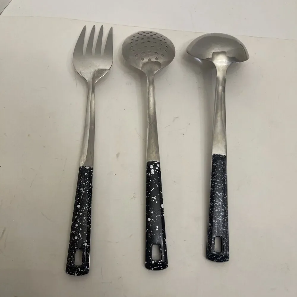 Stainless Steel Kitchen Utensil Set Black Speckled Handles
